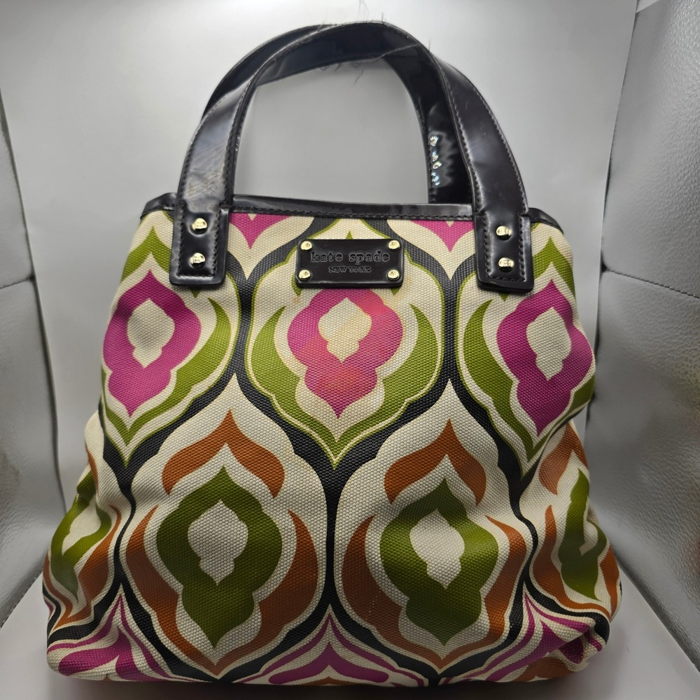Kate Spade New York Tote Bag Geometric Ikat Print Canvas Patent Leather Trim